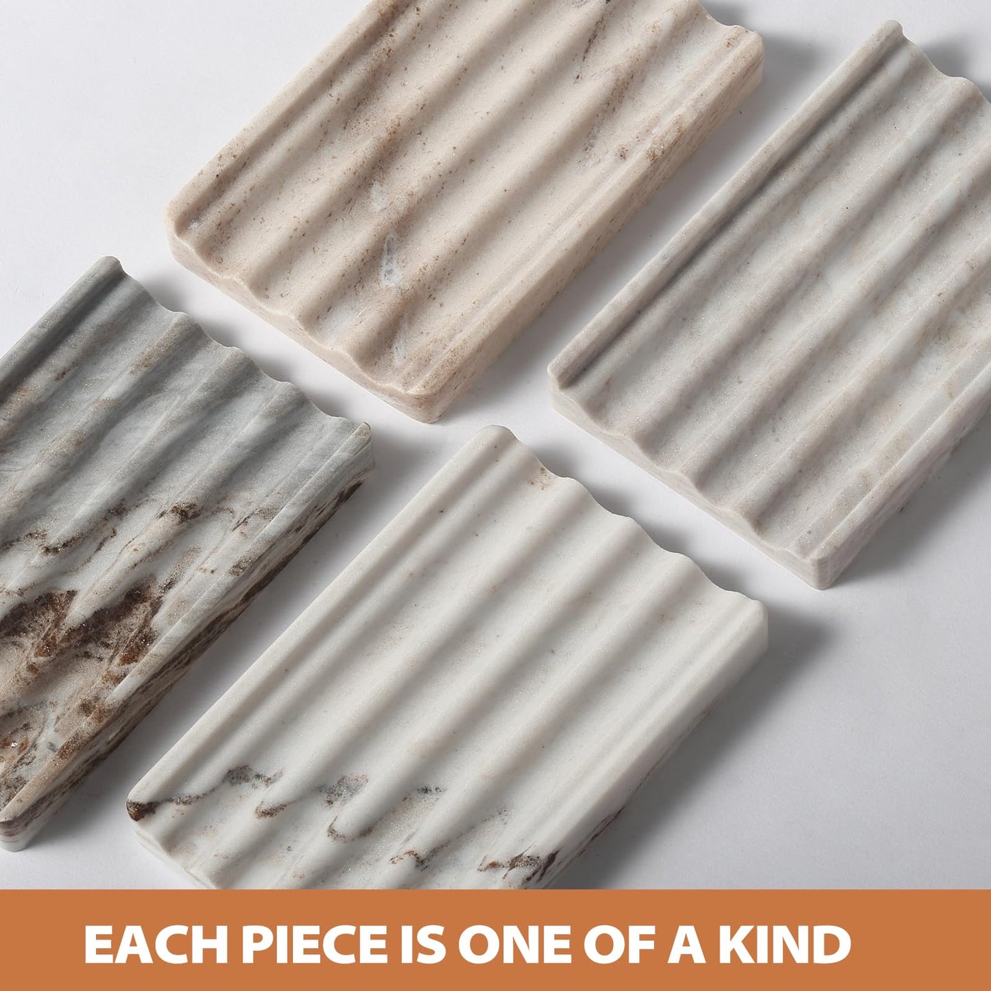 2PCS Koville Italian Natural Marble Soap Dish for Shower, Multi-Color Stone Soap Tray for Bathroom, Bar Soap Holder for Sink, Stripe Grooves Soap Saver Sponge Holder (White/Brown Random)