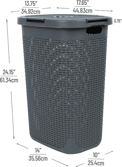 Mind Reader 60L Slim Laundry Hamper, Clothes Basket, Lid, Wicker Style, Plastic, 17.65"L x 13.75"W x 24.15"H, Set of 2, Gray
