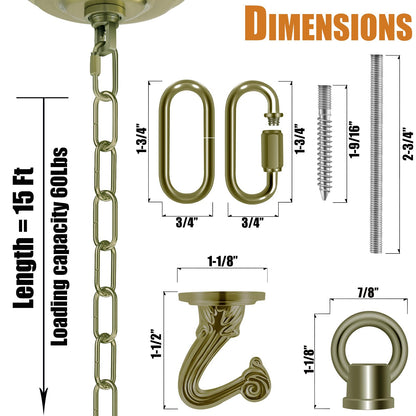 Omytie 15 Ft Heavy Duty Hanging Chain Kit with Connection Locks & Swag Ceiling Hooks for Lighting Fixture, Chandelier, Pendant, Lantern, Swag Lamp, Plant/Flower/Fruit Basket, Bird Feeder (Bronze)