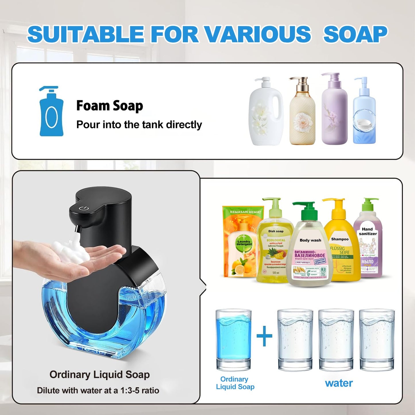 Foam soap Dispenser 15oz/420ml Foaming Hand Sanitizer Touchless Wall Mount with 4levels Adjustable Free Touch Electric Rechargeable with Sensor for bathrooms Kitchens Offices