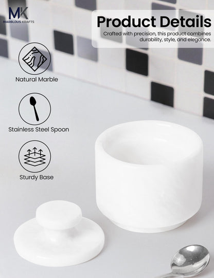 MARBLOUS KRAFTS Marble Salt Cellar 3" Inch White Celtic Salt, Seasoning Containers for Kitchen Decor, Set of 2 Spice Jars, Countertop Storage, Sugar Bowl with Lid and Spoon, Ideal Gift for New Home