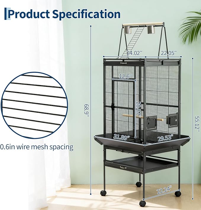 68“h Bird Cage, Large Bird Cage with Play Top, Rolling Stand for Parakeets, Cockatiels, Parrots, Budgies, Lovebirds, Small/Medium Birds