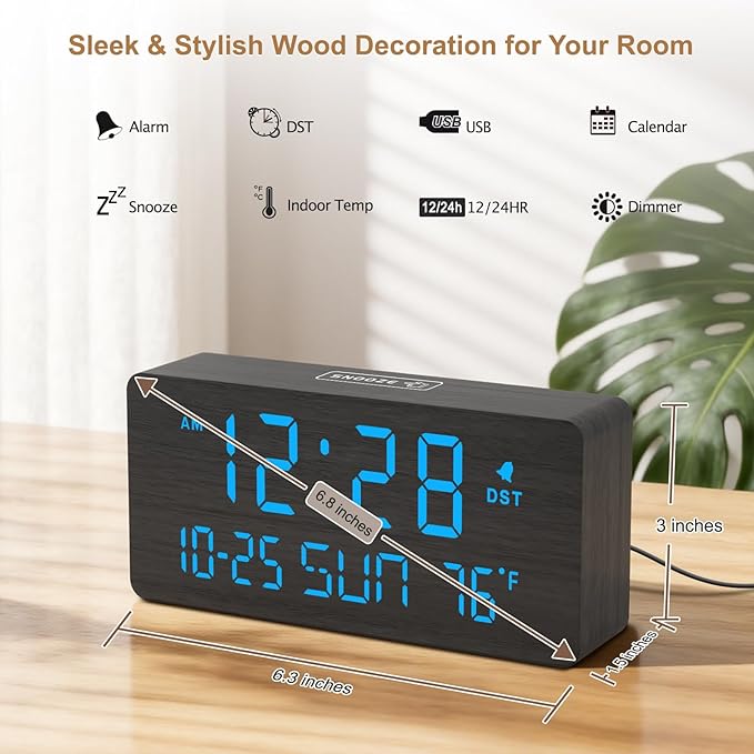 DreamSky Wooden Digital Alarm Clocks for Bedrooms with Date & Day of Week | Living Room Desk Clock, Temperature, USB Port, Dimmer Wheel, Adjustable Volume, Auto DST, Office Wood Decor (Plug-in)