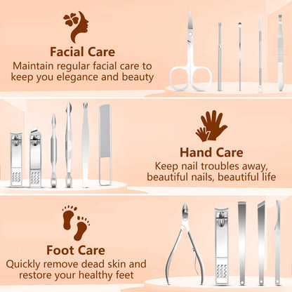 Manicure Set 16Pcs Professional Stainless Steel Pedicure Kit Mens Grooming Kit Fingernail & Toenail Clippers Set Manicure Kit with Luxurious Travel Bag, Sharp Nail Scissors and Clipper (Purple)