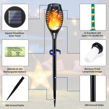 KYEKIO Solar Torch Light with Flickering Flame, 12Pack Solar Lights Outdoor, Solar Garden Lights Outdoor Waterproof, Luces Solares para Exteriores, Outside Lighting for Pathway Yard Patio Decorations