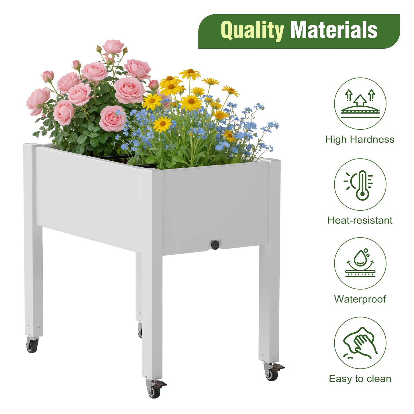 WTFGO Elevated Raised Garden Bed with Wheels - Outdoor Mobile Resin Planter Box with Drainage Holes for Vegetables Flower Herbs, Weather Resistant, White (26.3" h)