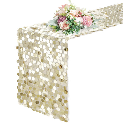 Pufogu 12 x 108 Inch Sequin Table Runner, Champagne Glitter Premium Big Sequin Table Runner, Rectangle Table Runners for Halloween, Christmas, Wedding Party, Birthday Party, Banquet Decor (1 Pack).