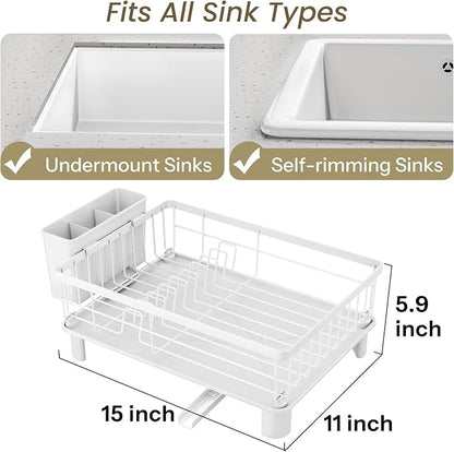 SNTD Dish Drying Rack - Small Dish Rack for Kitchen Counter, Stainless Steel Dish Drainer with Utensil Holder and Drainboard, 11" W x 15" L (White)