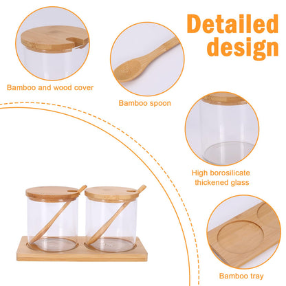 Mowhut 2 PCS Condiment Containers, Spice Rack with Bamboo Spoon Lid and Base, Sugar Bowl, Salt and Pepper Shakers Set for Salt Sugar Tea Herbal Coffee Beans, Clear