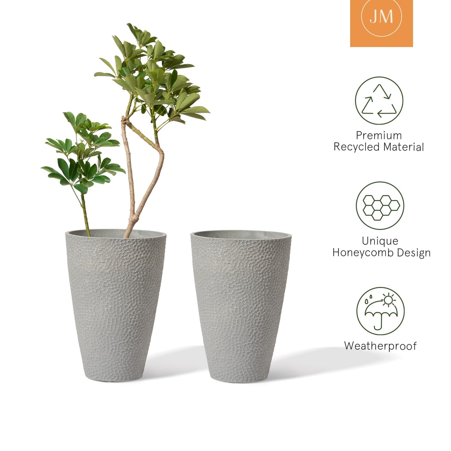 LA JOLIE MUSE 20 inch Tall Planters Set of 2, Tall Round Planters for Outdoor Plants, Grey Flower Pots for Front Door,Patio and Deck,Honeycomb.