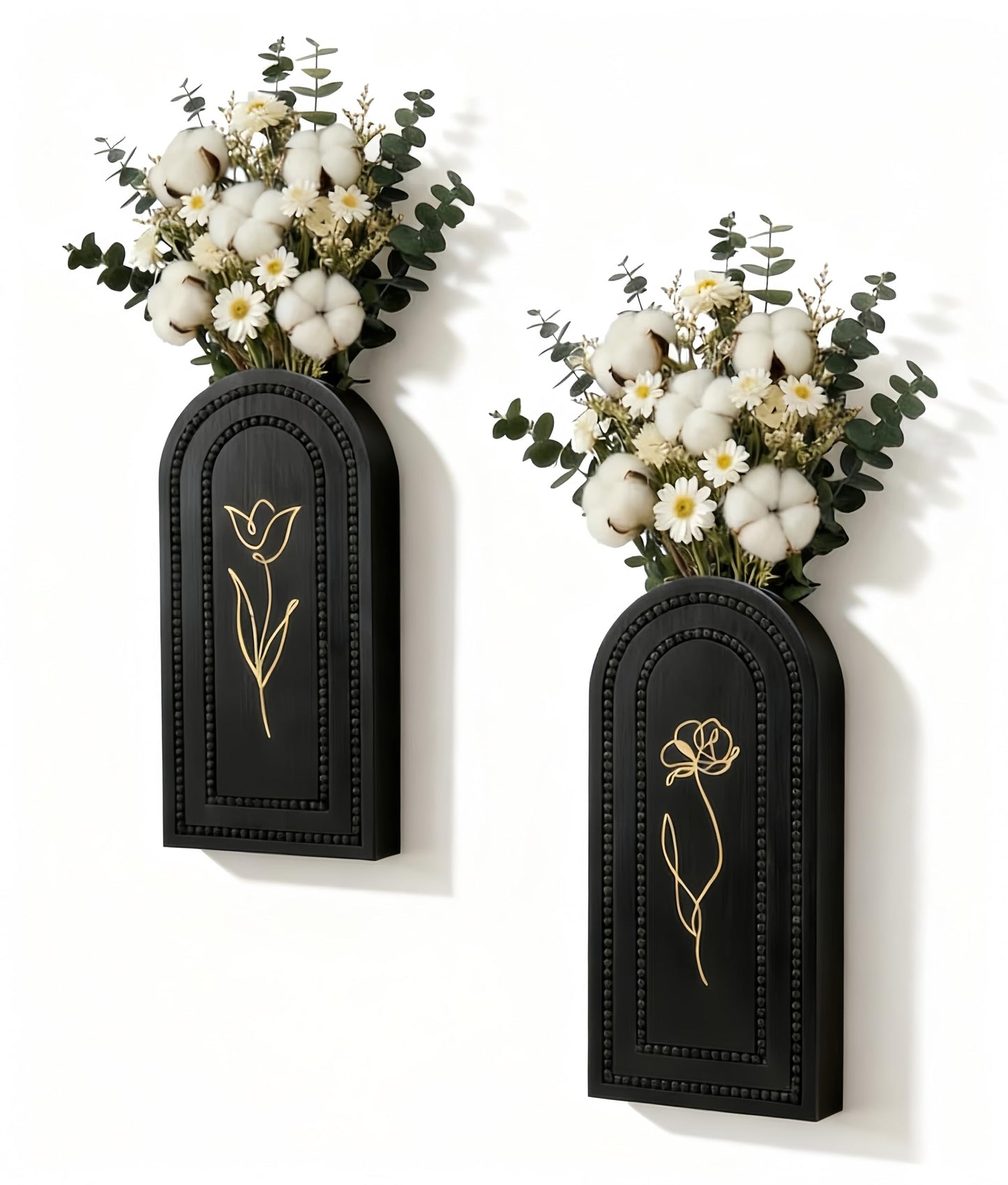 2 Pack Wooden Wall Planter Vase Set, Black Finish Modern Farmhouse & Boho Wall Decor for Living Room, Bathroom, Kitchen, Dining Room (Black)