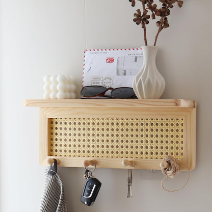 FRIADE PE Rattan Key Holder with 4 Key Hooks ,Wall Mounted Decorative Floating Shelf for Entryway,Nursery,Mudroom, Hallway, Office (Burlywood)