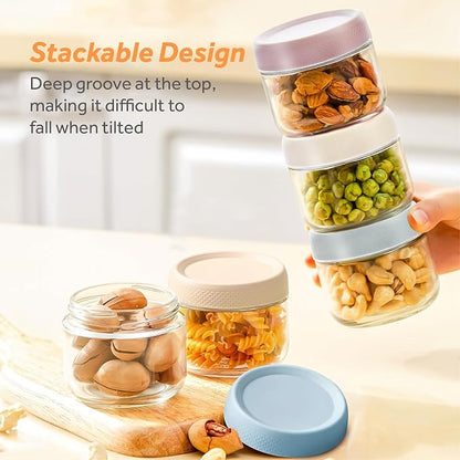 4 Pack Glass Clear Storage Canister with Airtight Lid, 12oz Overnight Oats Containers, Small Cute Decorative Pantry Jar for Snacks, Yogurt, Cereal, Fruit, Salad, Spice, Sugar, Coffee, Tea