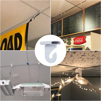 HNBun 50 Pieces Metal Drop Ceiling Hooks, Right and Left White Ceiling Hooks T-Bar Track Clip for Hanging Plants & Decorations, 20lbs Capacity Suspended Ceiling Hanger for Classrooms Offices