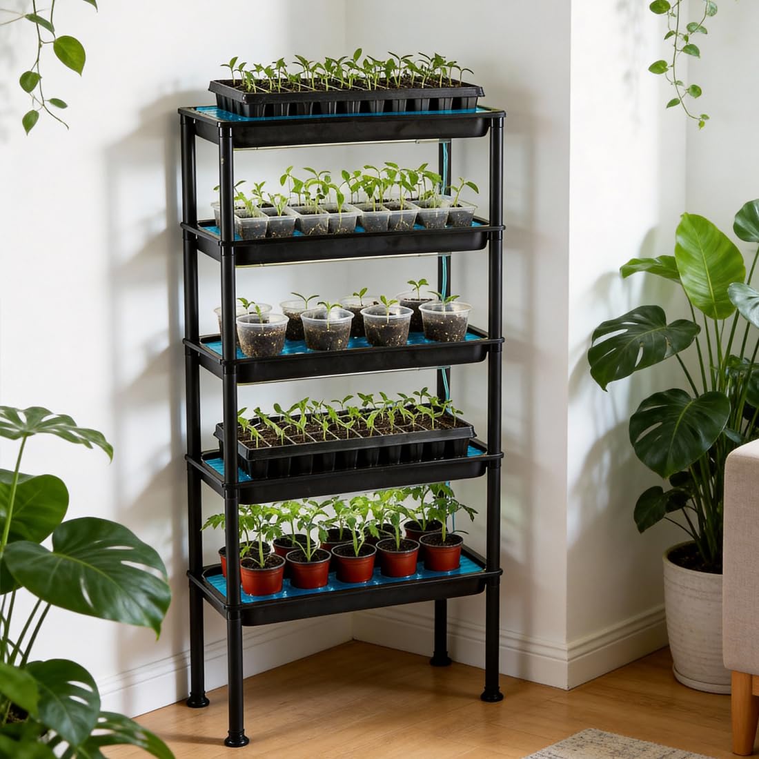 RooTrimmer 5-Tier Hydroponics Growing System, Plant Stand, Ebb and Flow Seedbeds, Siphoning Circulation Watering for Indoor/Greenhouse, Designed for Seed Starter Nursery Cell Trays, Plant Pots