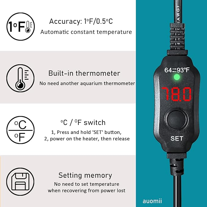 Mini Submersible Aquarium Heater, 10/20/25/50/100/150 Watts Adjustable Fish Tank Heater, Built-in Thermometer, External Temperature Controller, Smart Memory, Used for 1-60 Gallons (10W Plug)