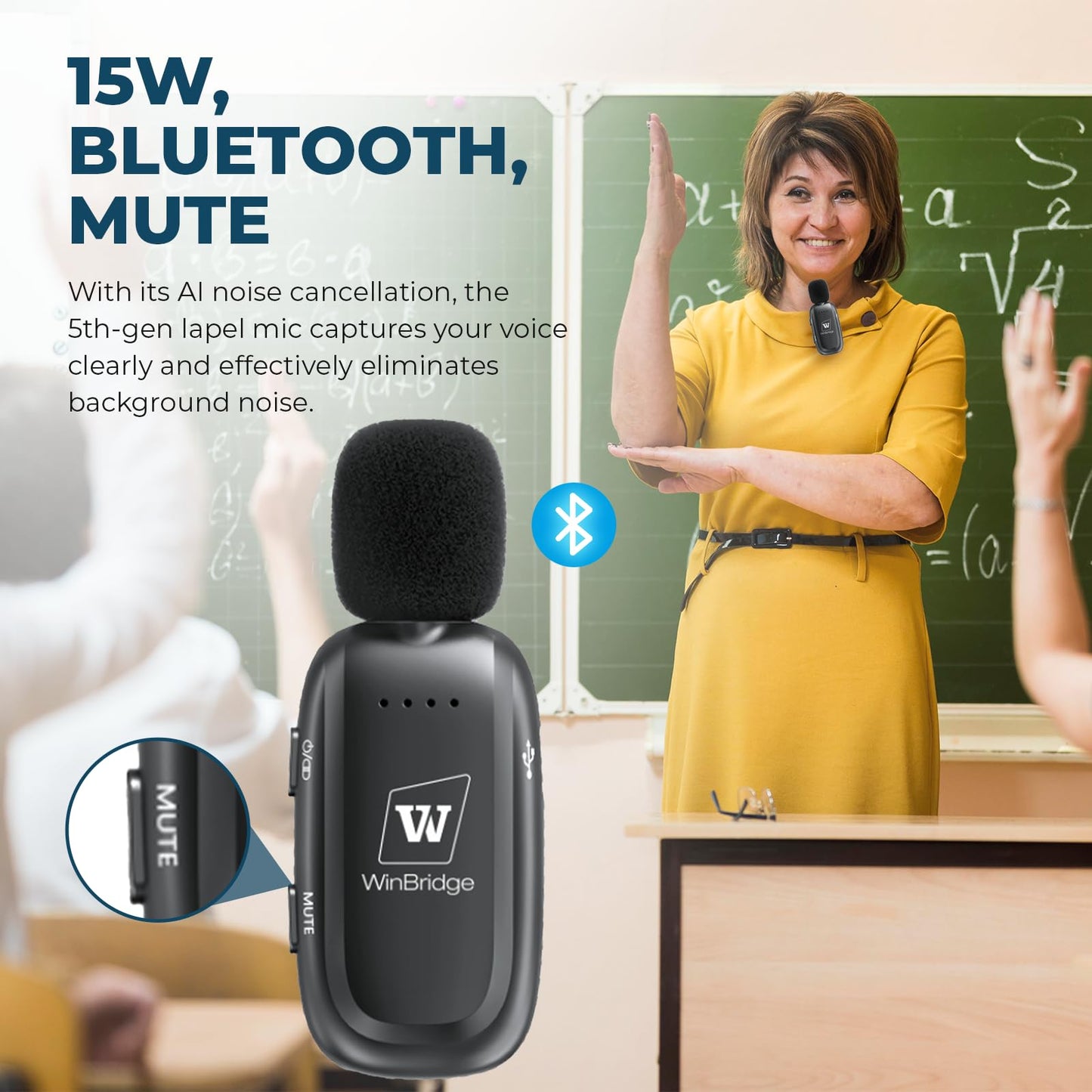 WinBridge Wireless Voice Amplifier for Teachers - Lapel Mic System Saves Your Voice | 15W Portable PA System with Bluetooth, 12H+ Battery, Auto-Pairing | No Headset, Ultra-Light 18.3g Clip Mic WB005N