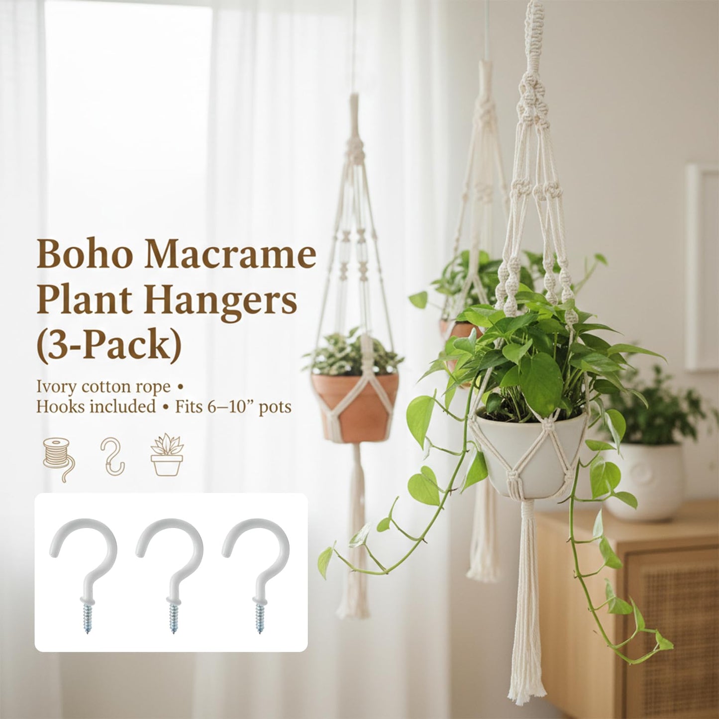 Newnessai 3Pcs Boho-Chic Plant Hangers with Hooks, Ivory Cotton Rope for Indoor/Outdoor Use, Fits 6-10 Inch Pots (Pots Not Included)