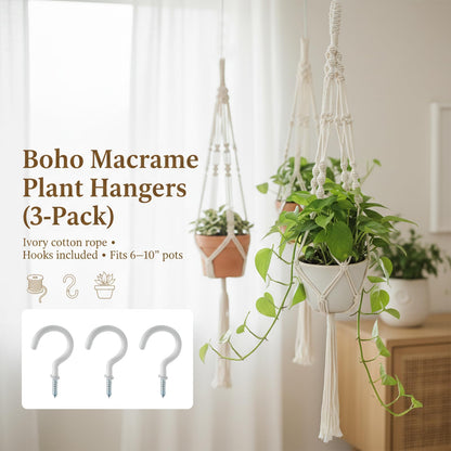 Newnessai 3Pcs Boho-Chic Plant Hangers with Hooks, Ivory Cotton Rope for Indoor/Outdoor Use, Fits 6-10 Inch Pots (Pots Not Included)