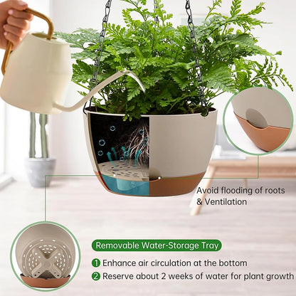 Kvetto Set of 2 Hanging Planters for Indoor Outdoor Plants, 8 Inch Self-Watering Hanging Flower Pots with Drainage Hole & Removable Water-Storage Tray (Hooks)