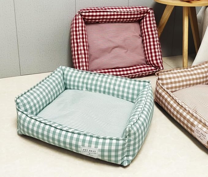 Orthopedic Rectangle Dog Bed for Medium Small Dogs, Plaid Plush Modern Puppy Sofa Bed with Anti-Slip Bottom, Cute Calming Pet Bed(Green,Medium)