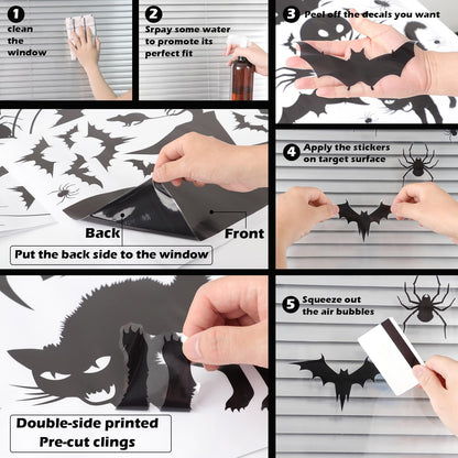 PPRAFDD Extra Large Halloween Window Clings Silhouette Decorations with Scary Witches Giant Spooky Monster Black Cat Bats Spiders Window Decals for Halloween Party (4 Sheets)