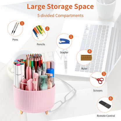 EDENMS Desk Pencil Pen Holder, 5 Slots 360°Degree Rotating Organizers for Desk, Desktop Storage Stationery Supplies Organizer, Cute Cup Pot Office, School, Home, Art Supply, Pink