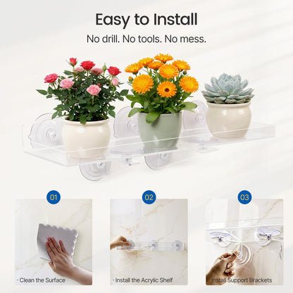 Leafory 2 Pack Window Plant Shelves, 15.7 x 5.9 Inch Heavy Duty Acrylic Floating Shelf, Strong Suction Cup Shelf with Support Bracket, Windowsill Holder for Succulents and Indoor Plants