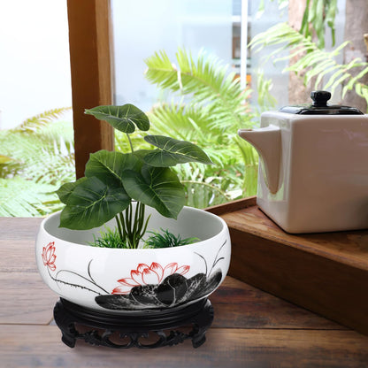 Toddmomy Hydroponic Ceramic Planter Pot with Base 7.08 Inch Round Water Lily Lotus Bowl for Indoor Outdoor Garden Decor Suitable for Water Plant Growth