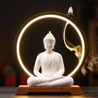 Dyware 8.8 Inch LED Buddha Statue for Indoor, White Ceramic Small Buddha Statue with LED Light for Home Decor