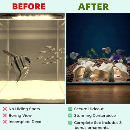 Large Aquarium Tunnel & Cave (9.5" L), 3D Printed Substrate Viewer Fish Hideout with Wide Top Entrances, Tank Decor for Small Fish, Corydoras, Betta & Shrimp - Set with 3 Mini Accessories (White)