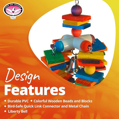 Super Bird Creations - SB440 4 Way Play Bird Toy - Colorful Wooden Blocks, Ringing Bell, and Bird Swing - Perfect Chew Toys for Mini Macaws, Parrots and African Greys - Ideal for Large Birds