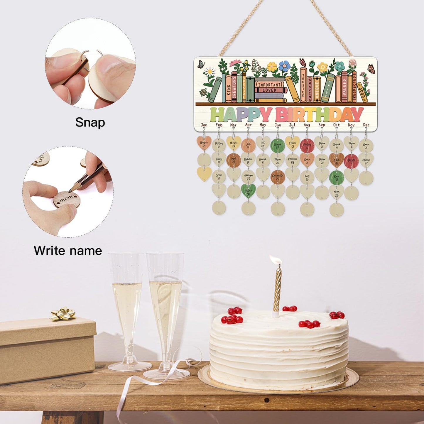 CHDITB Happy Birthday Wooden Reminder Calendar Board, Inspirational DIY Birthday Anniversary Board, Book Floral Birth Tracker Celebrations Hanging Plaque for Classroom Kids Room Decor 15.4''x 6.5''