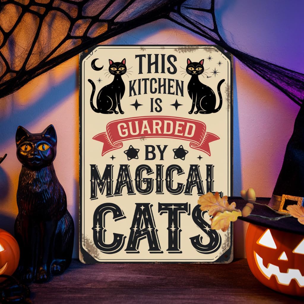 This Kitchen Is Guarded By Magical Cats Metal Tin Sign Halloween Theme Wall Hanging Rustic Style Wall Decor For Kitchen, Farmhouse, Living Room, Halloween Party Decorative Signs & Plaques 8x12 Inch