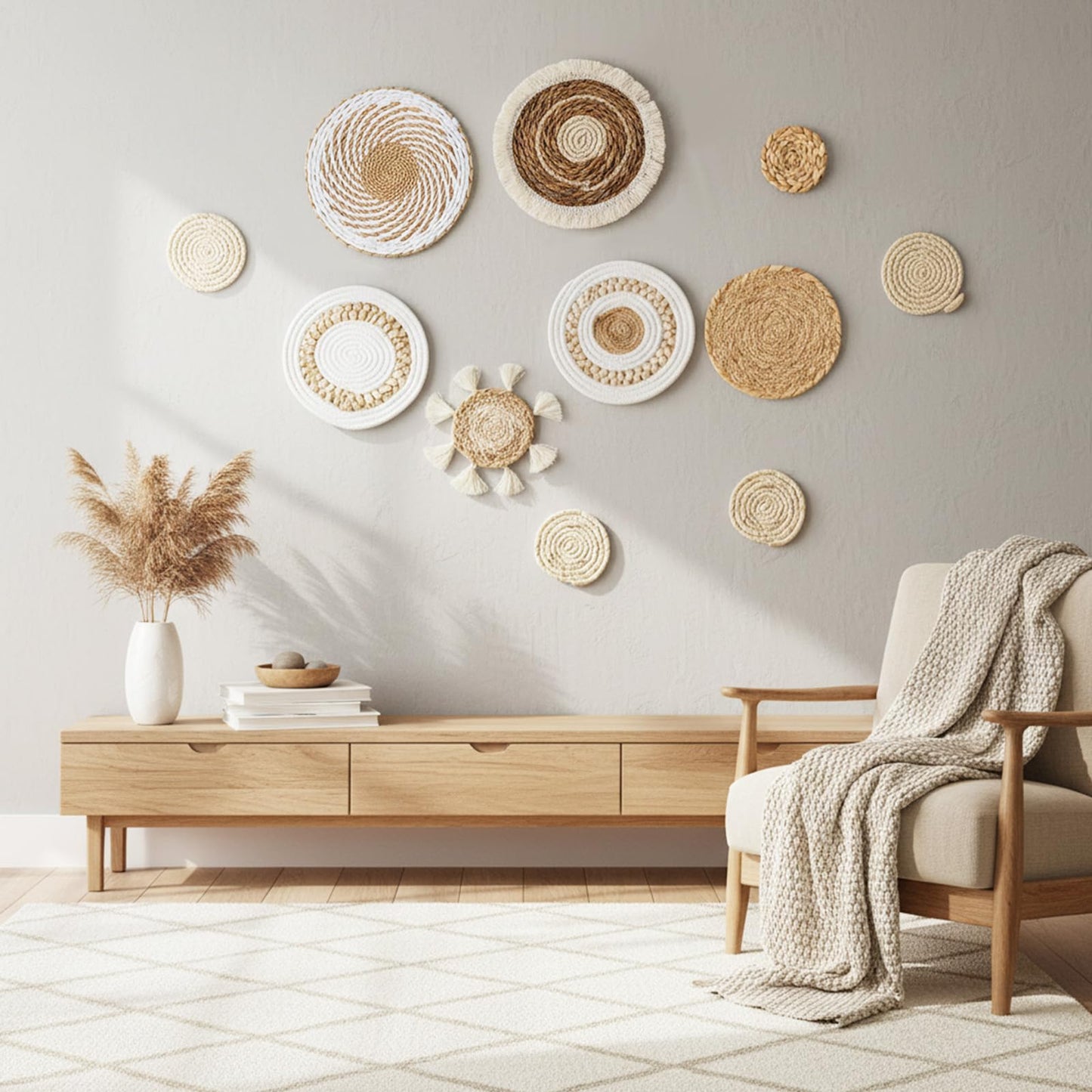 9 Pack Boho Wall Basket Decor, Seagrass Rattan Woven Wall Basket Decoration, Wicker Boho Walls Decor, Round Handmade Bohemian Hanging Baskets for Farmhouse, Living Room, Display Table Setting, Kitchen