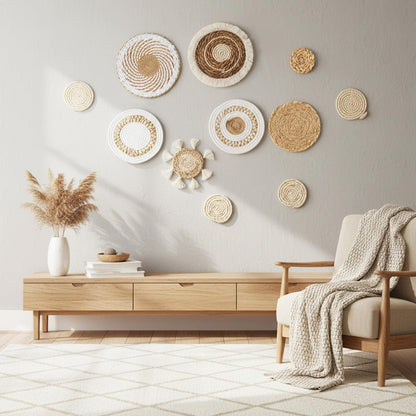 9 Pack Boho Wall Basket Decor, Seagrass Rattan Woven Wall Basket Decoration, Wicker Boho Walls Decor, Round Handmade Bohemian Hanging Baskets for Farmhouse, Living Room, Display Table Setting, Kitchen