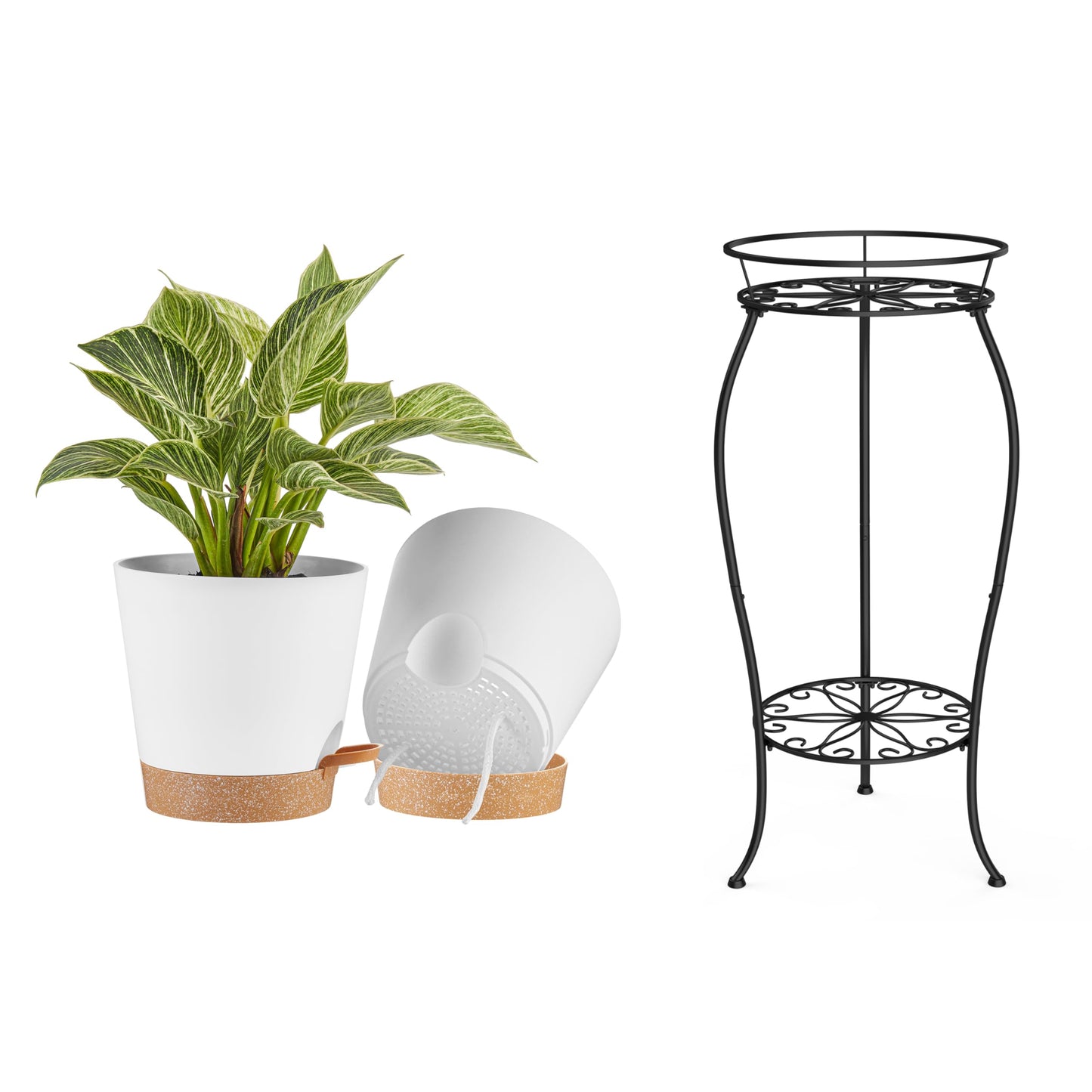 FaithLand 2 Tier Plant Stand and 2-Pack 9 Inch Self Watering Pots Bundle