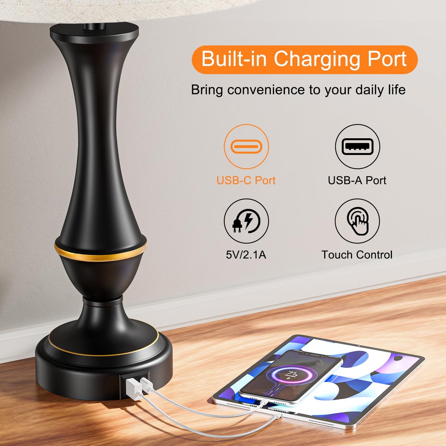 Seealle Upgraded Touch Lamps for Night Stands Set of 2 - Bedside Lamps with USB C+A, 3 Way Dimmable for Bedroom Living Room End Tables Office