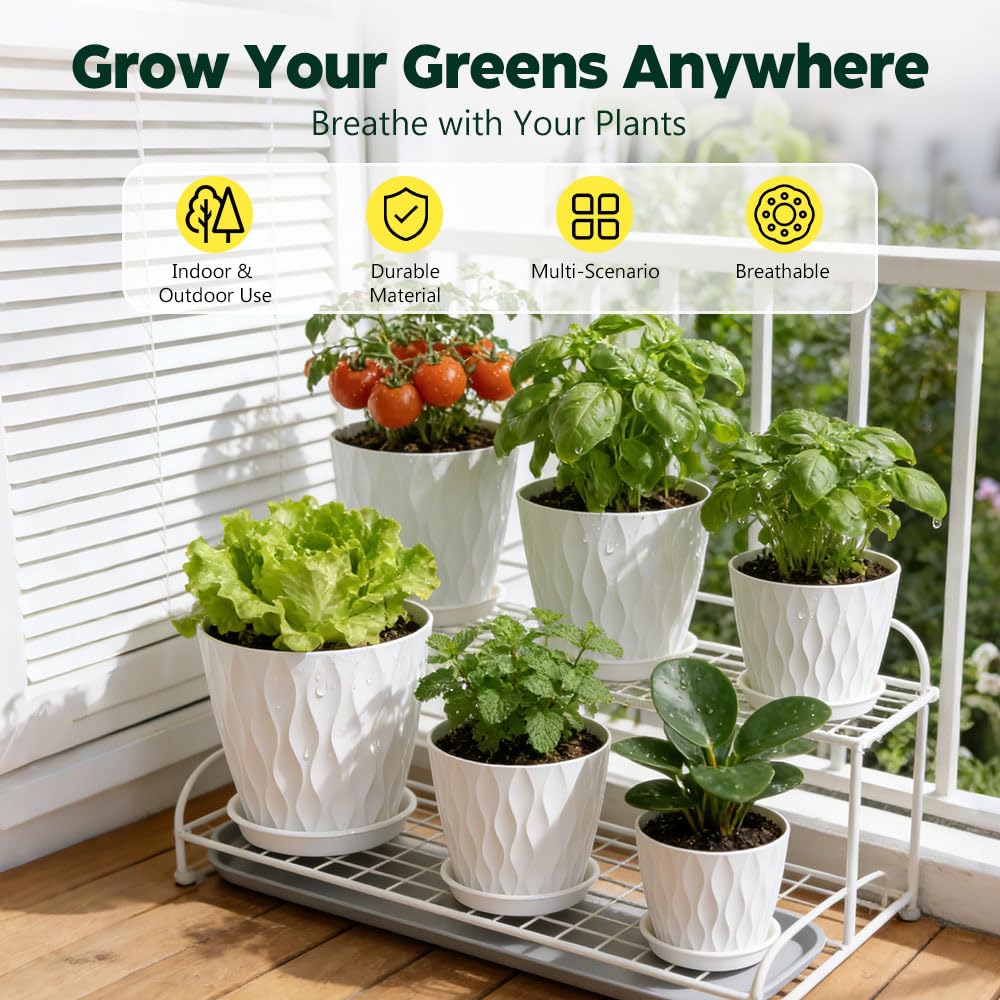 KEETUMOOD Plant Pots, Self Watering Planters with Drainage Holes and Trays, Flower Pots for Indoor Outdoor - 6 Pack(4/5/6/6.5/7/8 Inch) (White)