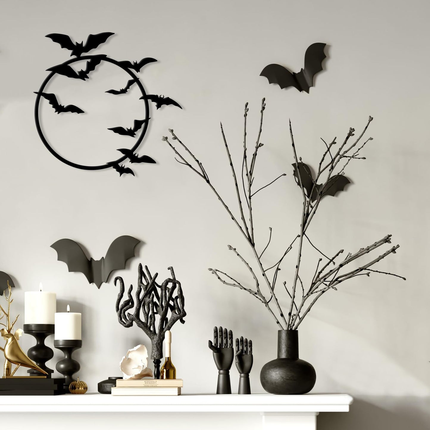 YATEASLU Halloween Bats Metal Wall Art – Moon and Bat Design – Indoor & Outdoor Decoration for Home, Kitchen
