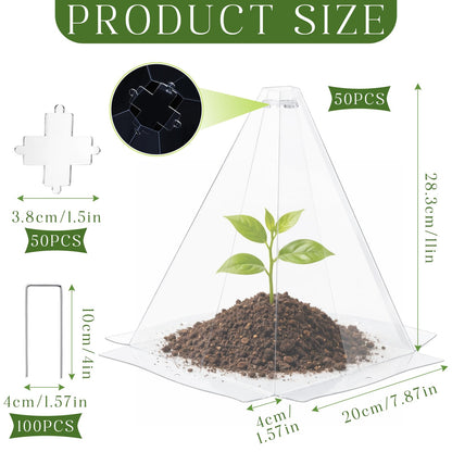 Yalikop 50 Pack Garden Cloches for Plants, Clear Plastic Plant Cloche Covers with 100 Stakes, Reusable Frost Protection Dome for Seedlings, Protect from Snails, Birds, Animals, 7.8" x 11"