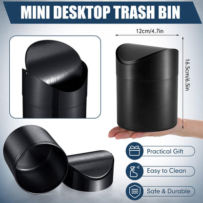Yiyiring 2 Pcs Desk Trash Can with Swing Lids, 12 Rolls of Trash Bags, 2L Brushed Stainless Steel Countertop Garbage Bin Small Wastebasket with Lid for Office Desk, Coffee Table (Black)
