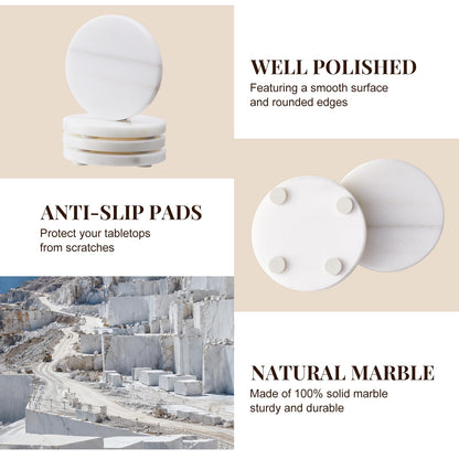 Marble Coasters Set of 4, 4-inch Round Natural Stone Drink Coasters with Non-Slip Backing, Heat Resistant Coaster for Coffee Bar Home Kitchen Decor, Ideal Housewarming Wedding Gifts(Arabescato)
