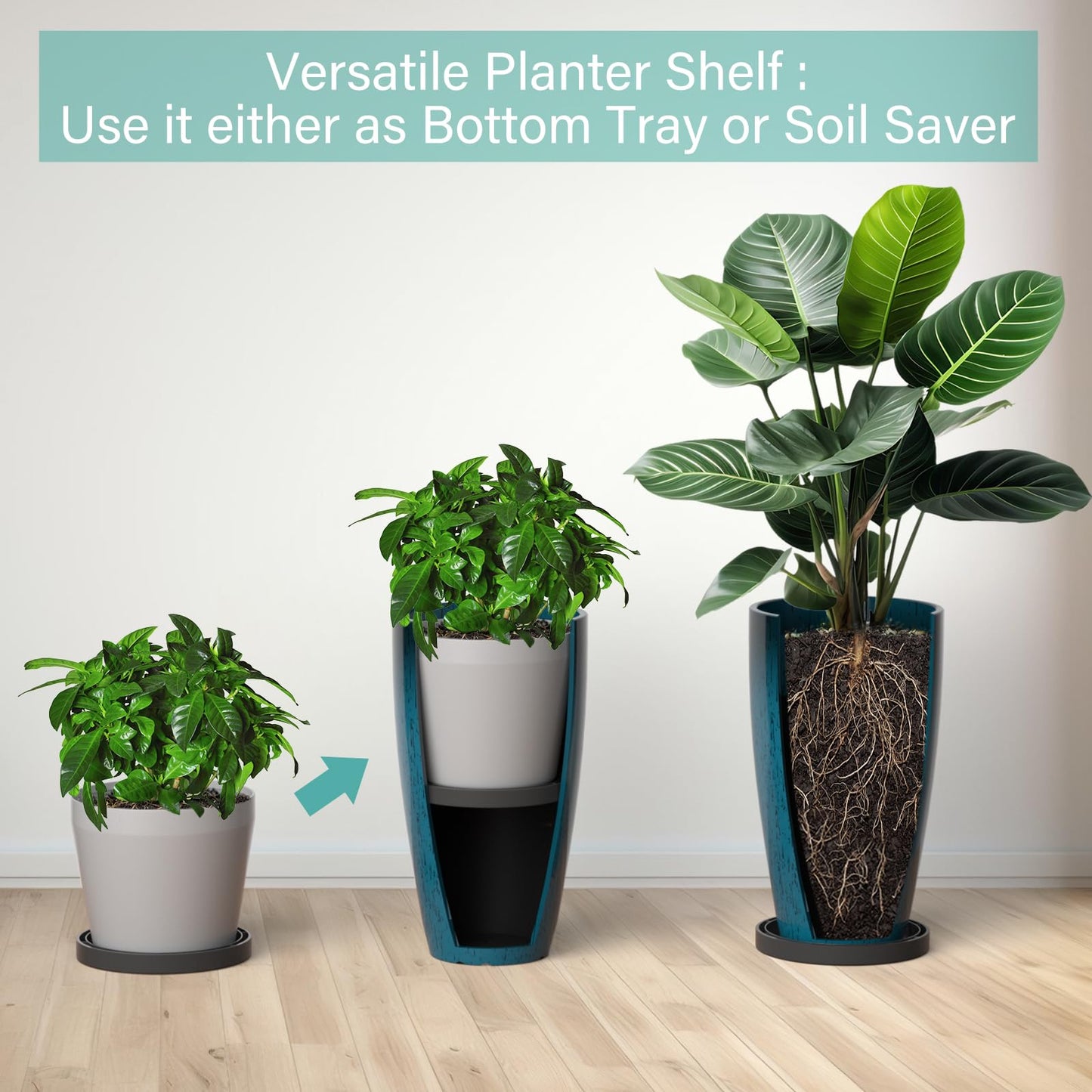 ZMTECH 21 Inch Tall Plant Pots for Indoor & Outdoor Use Set of 2, Large Plastic Planters with Removable Tray for Outside with Drainage Holes for Front Porch Patio Garden, Dark Teal Blue