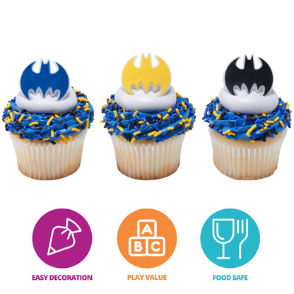 DecoPac Batman Dark Knight Rings, Glow In The Dark Batman Cupcake Decorations, Bat Signal Cake Toppers in Black, Yellow, Blue - 24 Pack