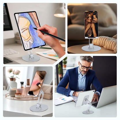 Xiaoshuang Adjustable Aluminum Phone Stand for Desk, No Wobble Heavy Base, Height Adjustable iPhone & iPad Stand, 360° Rotating Foldable Phone Holder for Desk Office Home (4–11”)