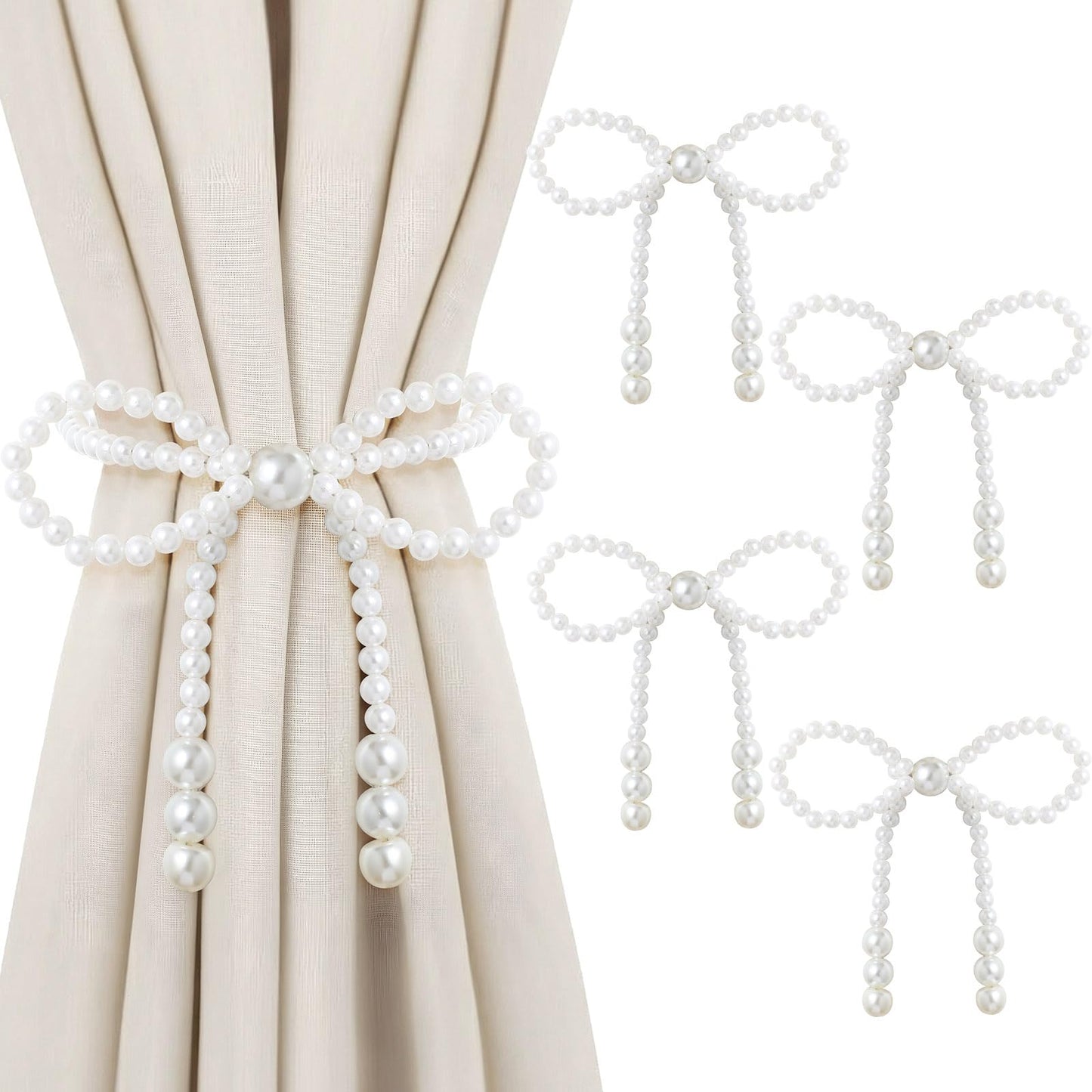Lewtemi 4 Pcs Pearl Bow Magnetic Curtain Tiebacks Decorative Curtain Holdbacks No Drill for Mother's Day Home Outdoor Bedroom Office (Bowknot)