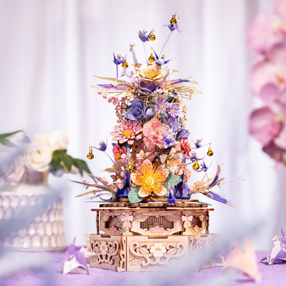 MU 3D Metal Puzzles for Adults Feast of Flower, 3D Wooden Puzzles Metal Model Kit Building Wood Flowers Kits DIY Craft Set with Music Box Lighting, Birthday Hobby Gift Home Desk Decor