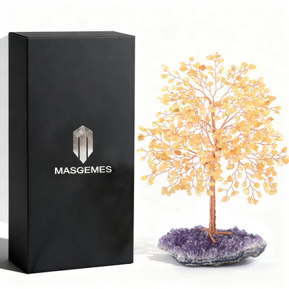 MASGEMES Gemstone Crystal Tree of Life,Natural Citrine(406 Stones Count) with Amethyst Cluster Base,Chakra Healing Crystals Positive Energy Fengshui Bonsai Money Tree Gift 8.5"-9"
