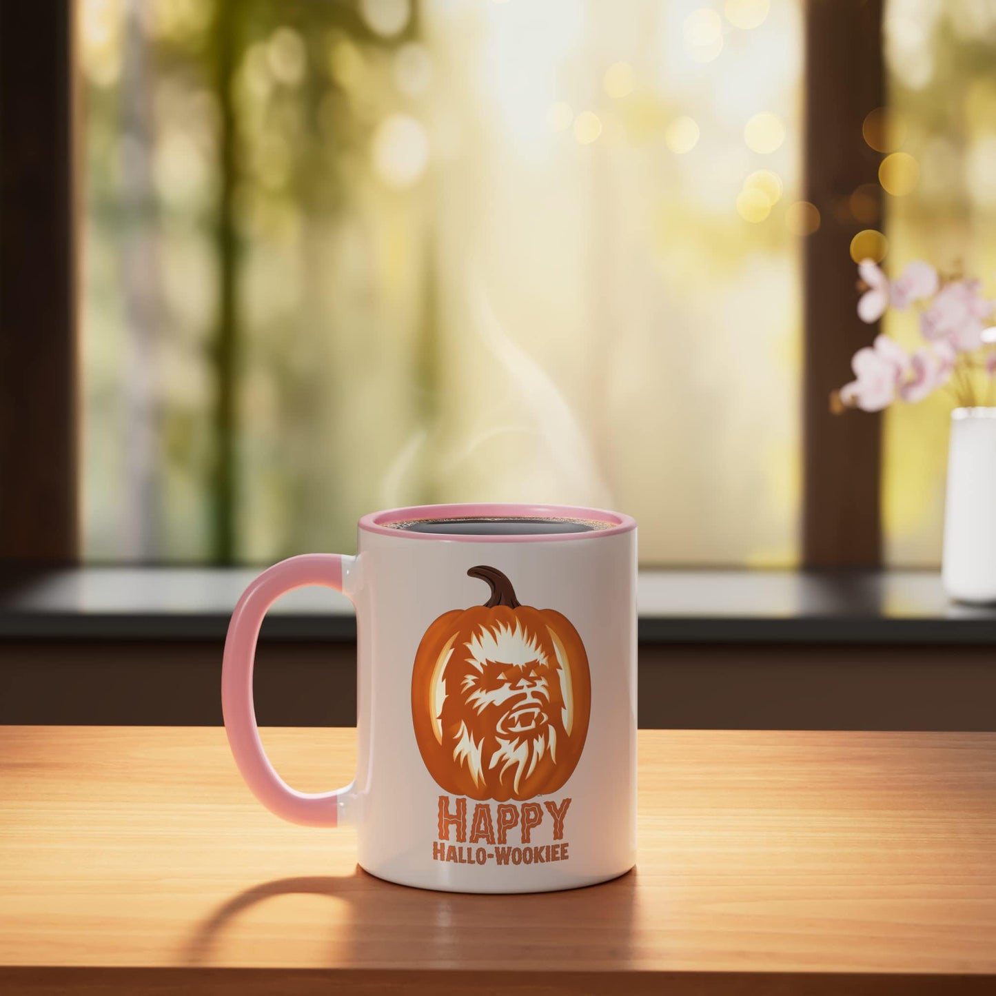 Star Wars Halloween "Happy Hallo-Wookiee" Chewbacca Pumpkin Ceramic Mug, Pink/White